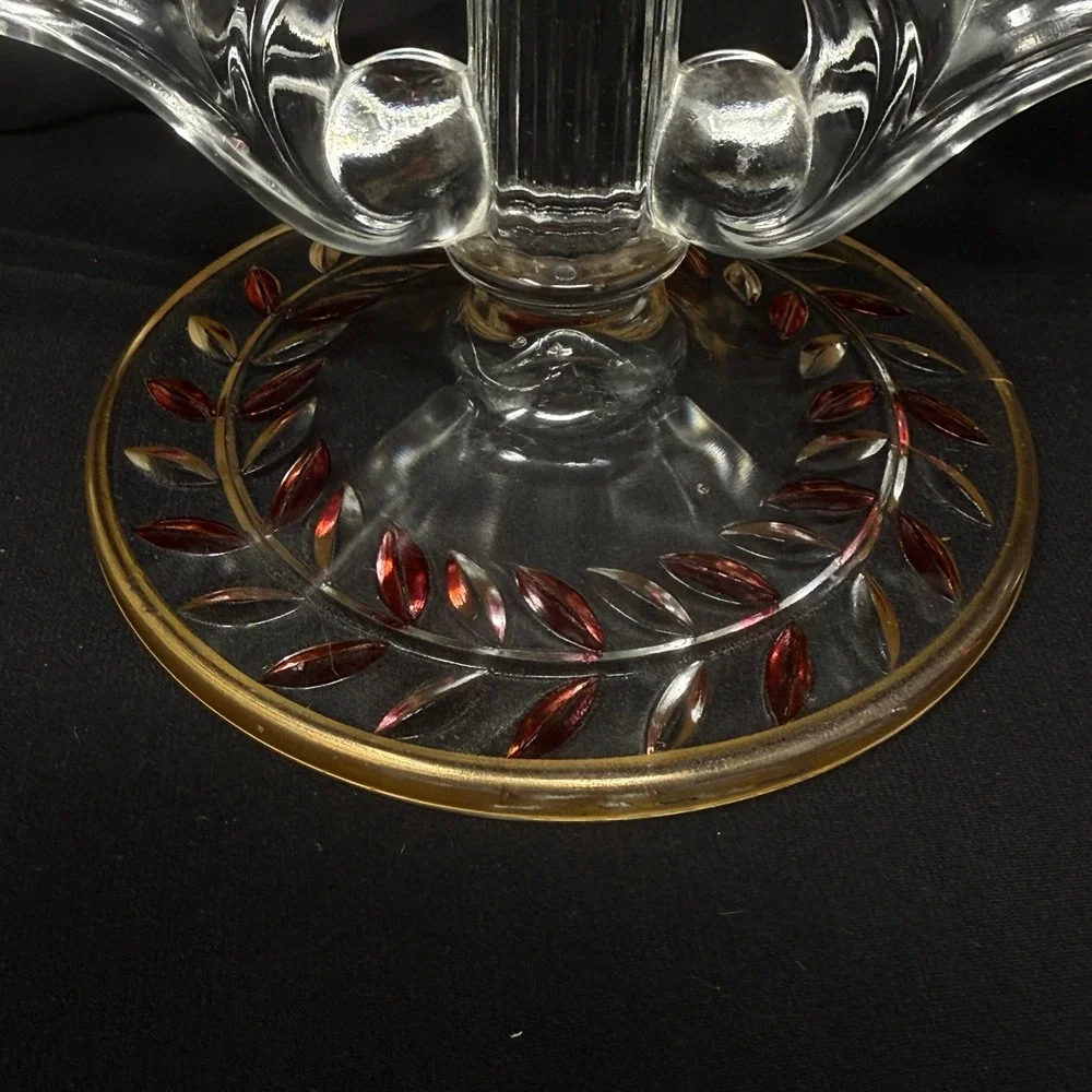 Indiana Glass Laurel‎ Double Arm Candle Holder Set 2 Gold Red Trim Accent 40s